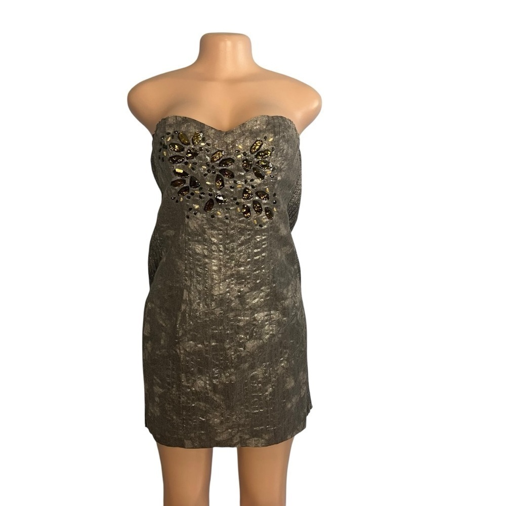 3/$30☀️Mark & James Badgley Mischka Grey Silver Metallic Beaded Strapless Dress